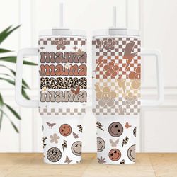 mama 40oz quencher tumbler wrap retro groovy smiley checkered png funny mom seamless sublimation tumbler