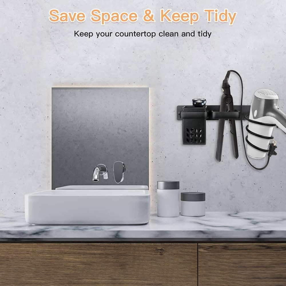 Wall Mounted Hair Dryer Holder With Straightener Storage Aluminum Bathroom Organizer 4