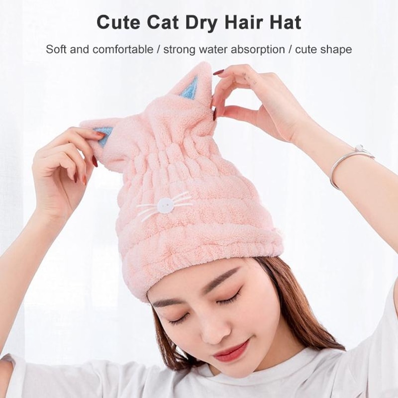 Coral Fleece Hair Drying Cap With Cat Ears Quick Dry Hair Towel For Women Soft Absorbent Shower Cap 3