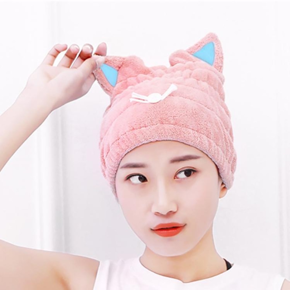 Coral Fleece Hair Drying Cap With Cat Ears Quick Dry Hair Towel For Women Soft Absorbent Shower Cap 9