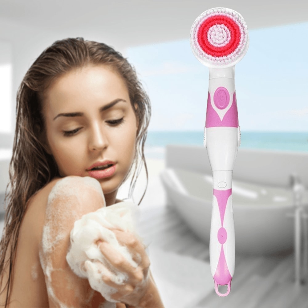 Electric Waterproof Bath Brush Long Handle Back Scrubber With 4 Heads Body Cleansing Massager 12
