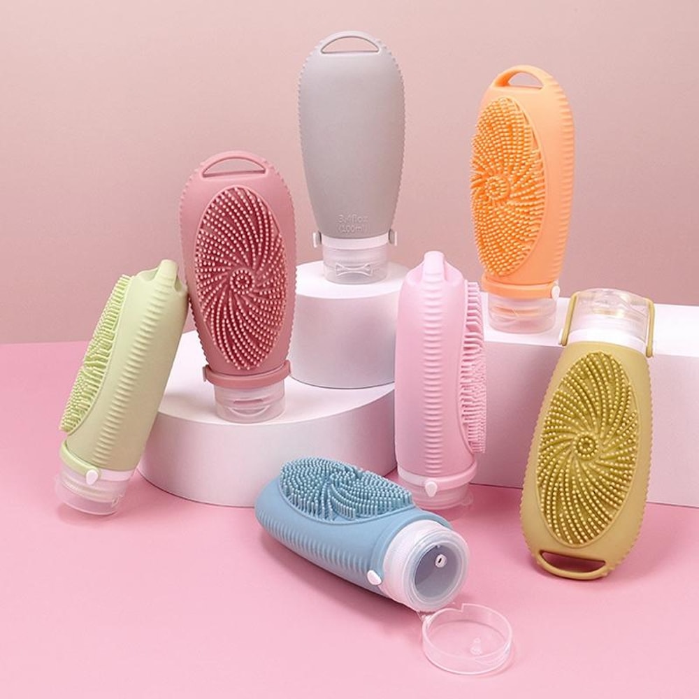 2 In 1 Silicone Shower Brush Dispenser Bottle Portable Travel Shampoo Body Wash Container 2