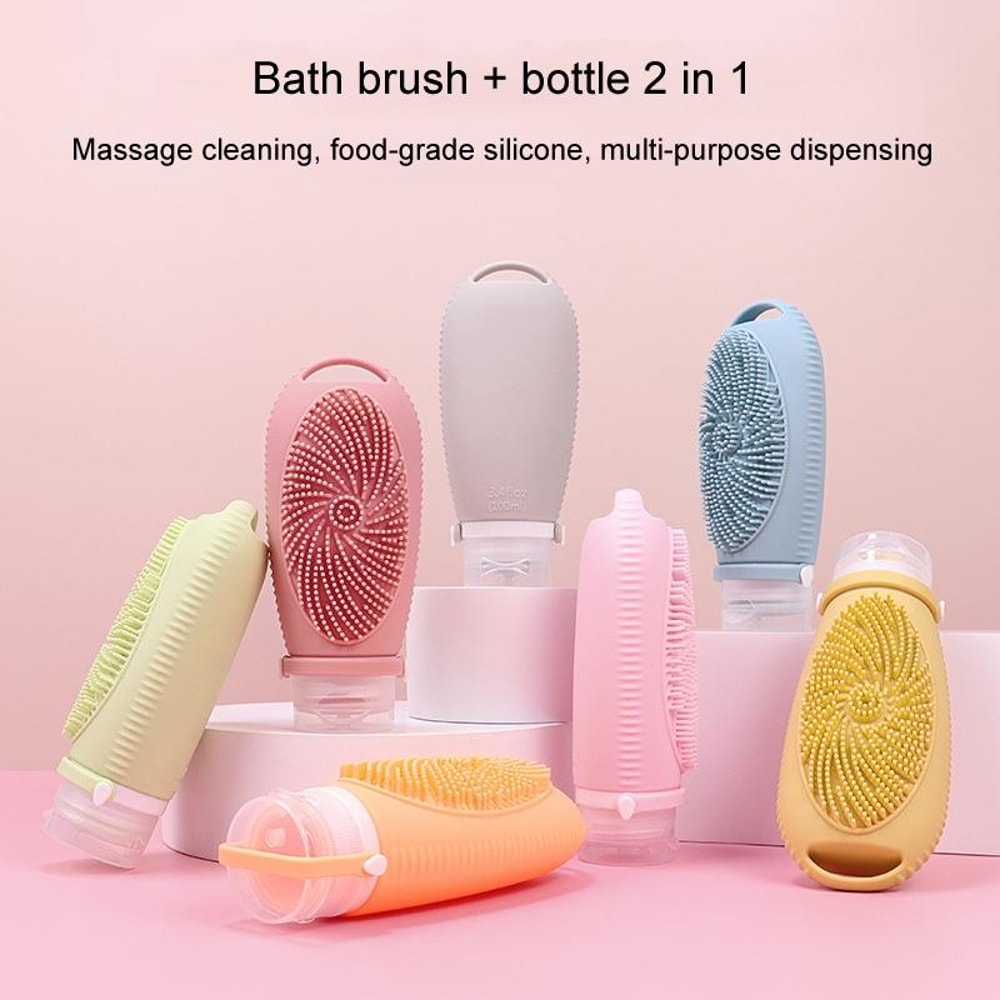 2 In 1 Silicone Shower Brush Dispenser Bottle Portable Travel Shampoo Body Wash Container 4