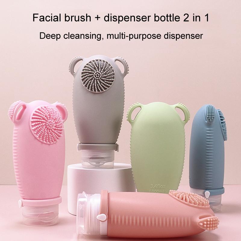 2 In 1 Travel Shampoo Bottle With Brush Leakproof Silicone Squeeze Dispenser 10