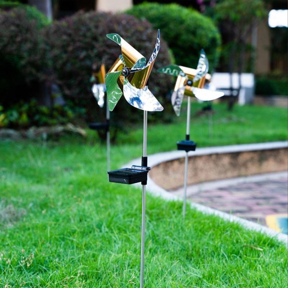 Solar Windmill Garden Lights 2 Pack Waterproof LED Lawn Decor With Auto On Off 1