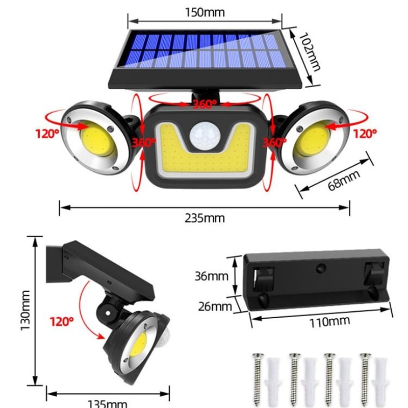 Solar Motion Sensor Wall Light IP65 Waterproof 3 Head LED Security Lamp 5
