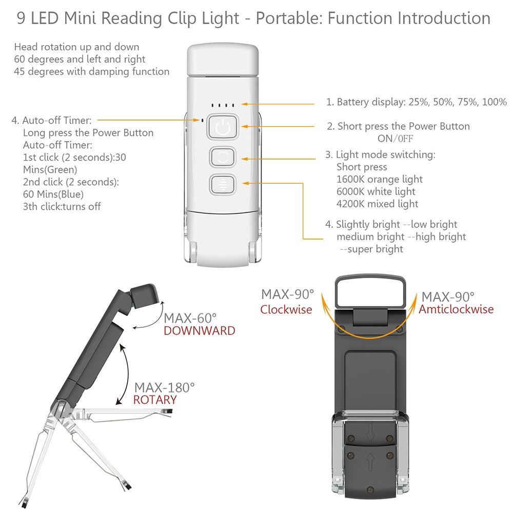 USB Rechargeable Clip On Reading Light With 3 Color Modes Eye Protection 7