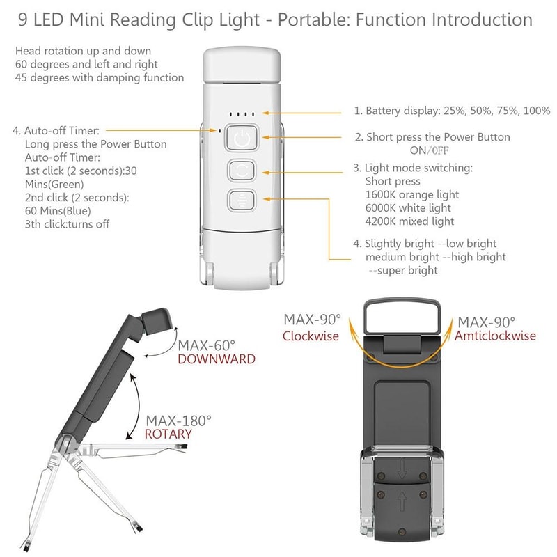 USB Rechargeable Clip On Reading Light With 3 Color Modes Eye Protection 7