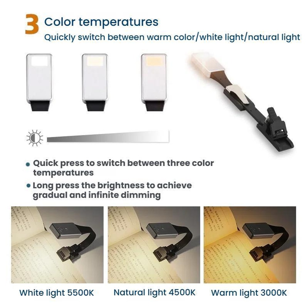 Rechargeable Book Light Clip On Reading Lamp With 3 Color Modes Magnetic Bookmark Design 4