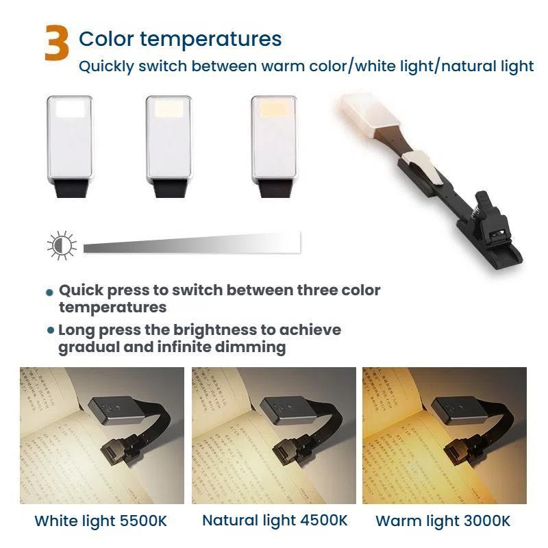 Rechargeable Book Light Clip On Reading Lamp With 3 Color Modes Magnetic Bookmark Design 4