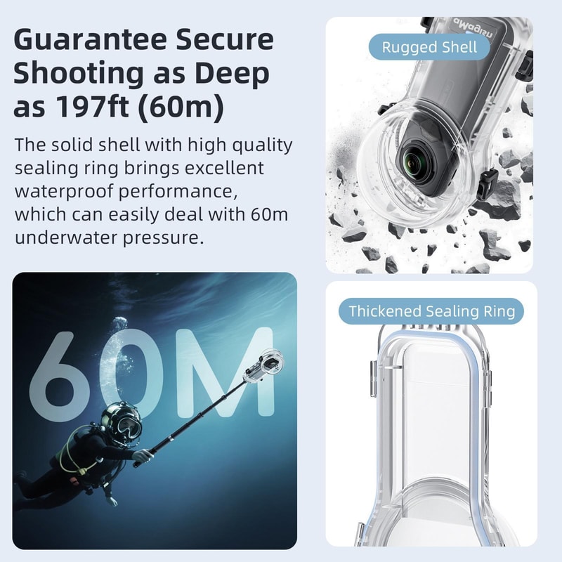 Insta360 X5 60M Waterproof Diving Case with Invisible Selfie Stick Support