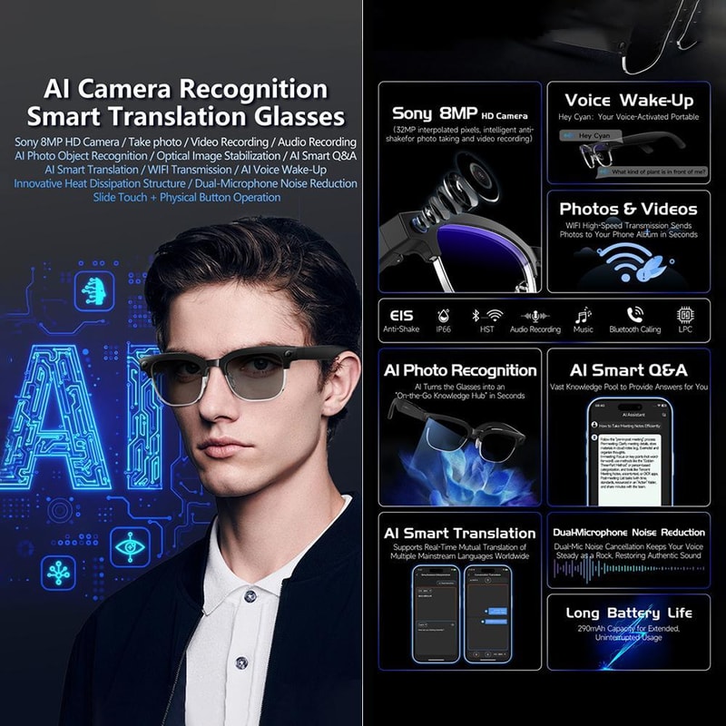 AI Smart Glasses With 8MP Camera Real Time Translation Bluetooth Calling 1