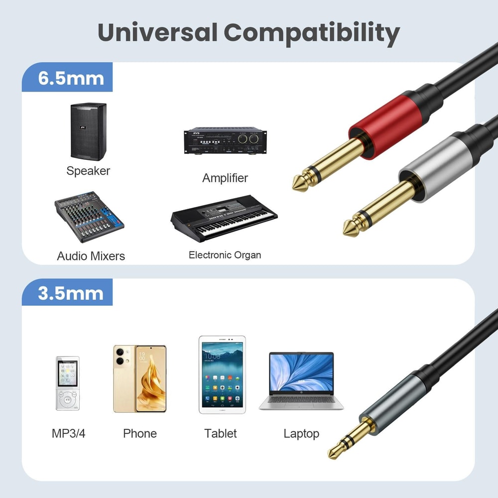 Gold Plated 35mm TRS To Dual 635mm TS Cable For Mixers Amplifiers HiFi Audio Systems 3