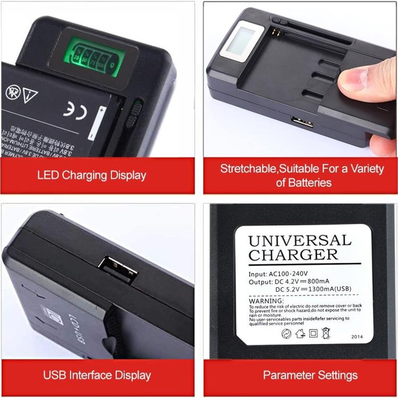 Smart Universal Phone Battery Charger with LCD Display & USB Output for Li ion Batteries