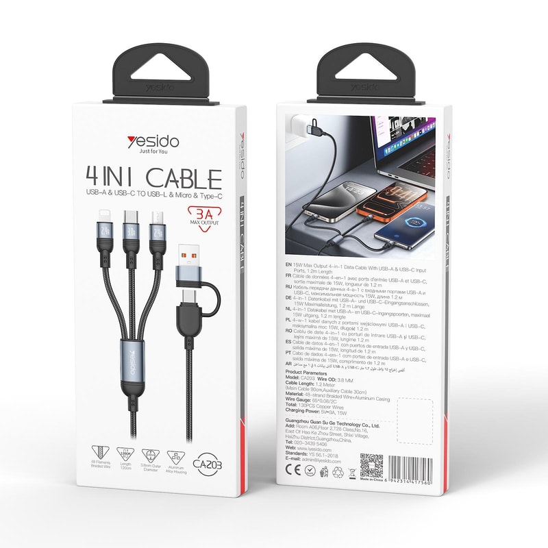 4 in 1 Fast Charging Cable for USB, Type C & Micro USB