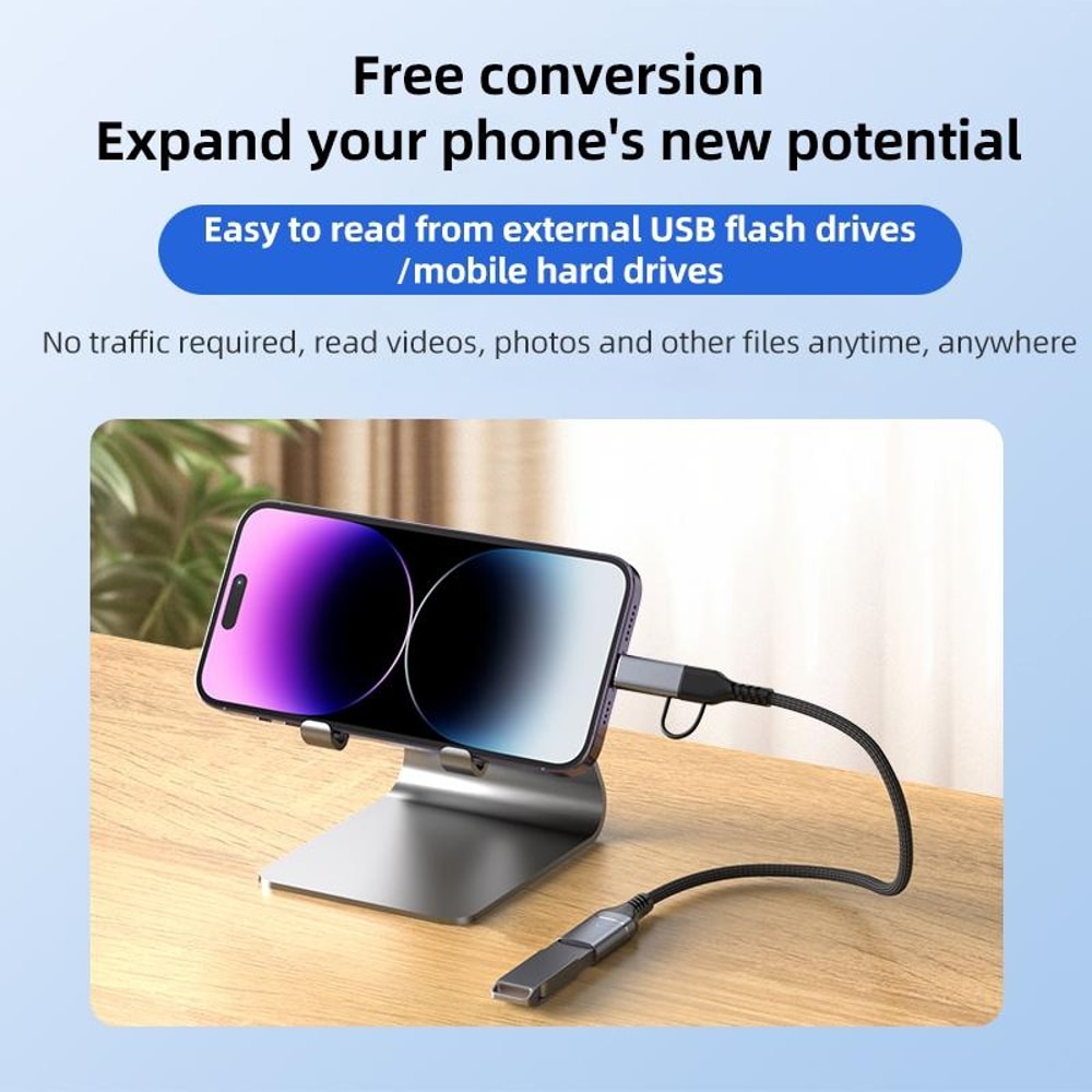 2 in1 Type C OTG Adapter & 8 Pin to USB 3.0 Hub for Fast Data Transfer