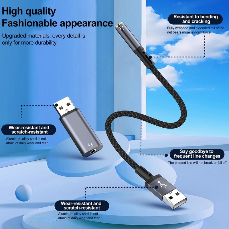 Premium USB to 3.5mm Audio Adapter Cable Plug & Play