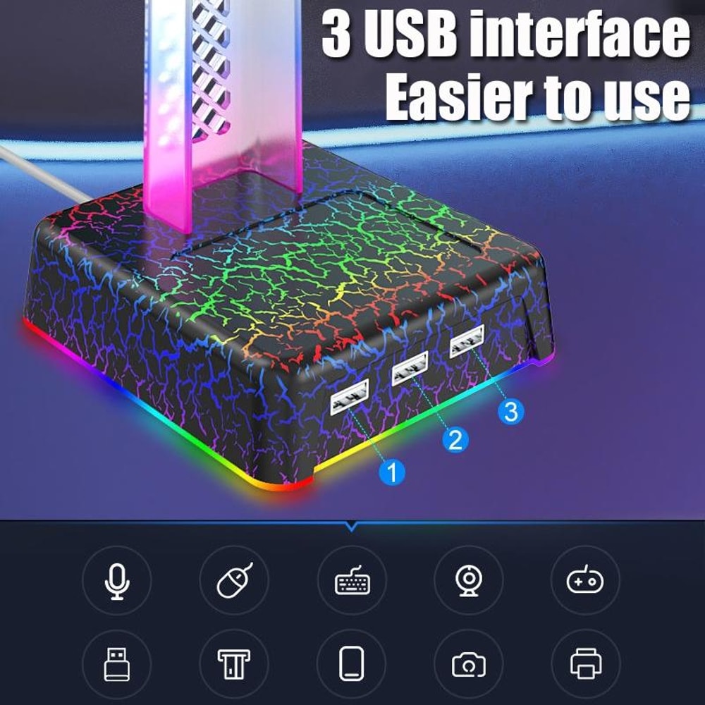 RGB Gaming Headphone Stand With USB Hub And Ambient Crackle Light 2