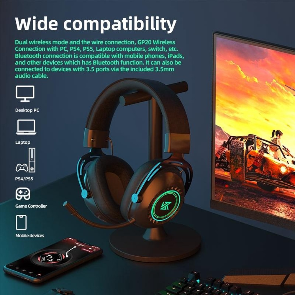 KZ GP20 Wireless Gaming Headset With RGB Lights Bluetooth 50 24G Low Latency Audio 5