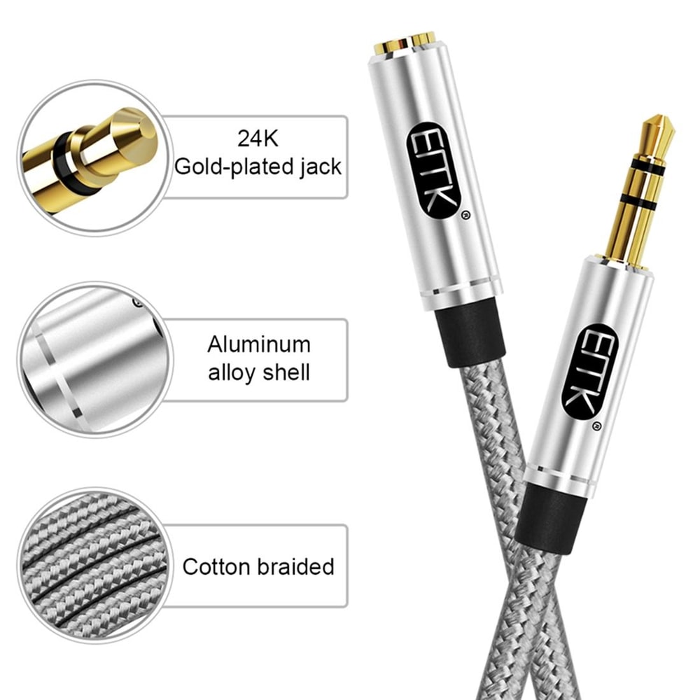 EMK Braided 35mm Audio Extension Cable With Gold Plated Connector For Headphones Speakers Laptops 3