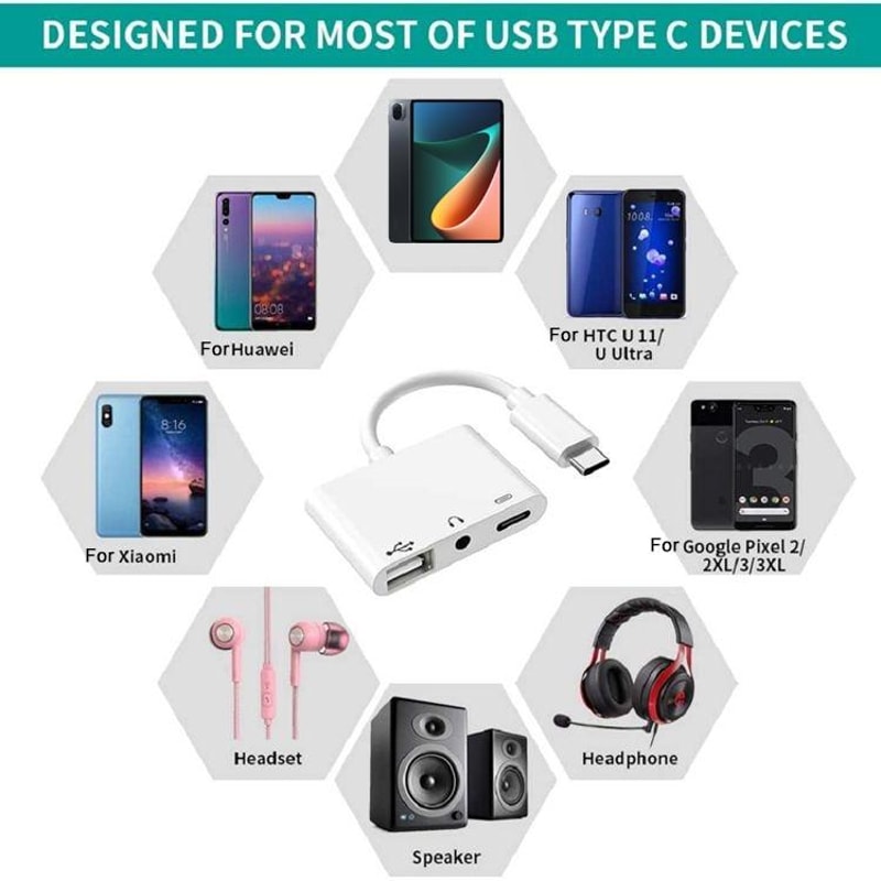 3 In 1 USB C OTG Adapter With 35mm Headphone Jack Fast Charging USB Audio Splitter 2