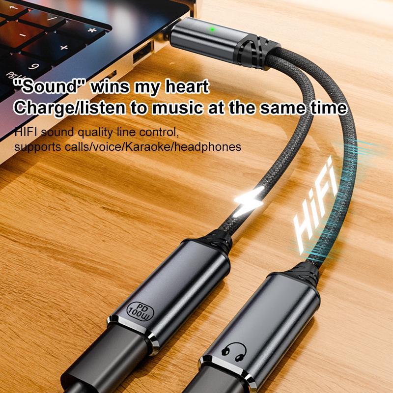 PD 100W USB C Audio Adapter With Fast Charging HiFi Type C Earphone Splitter 5