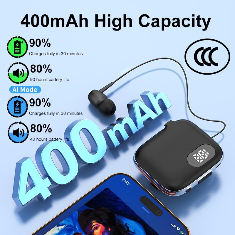 AI Voice Control Bluetooth Earphone With LED Display Retractable Cable 10