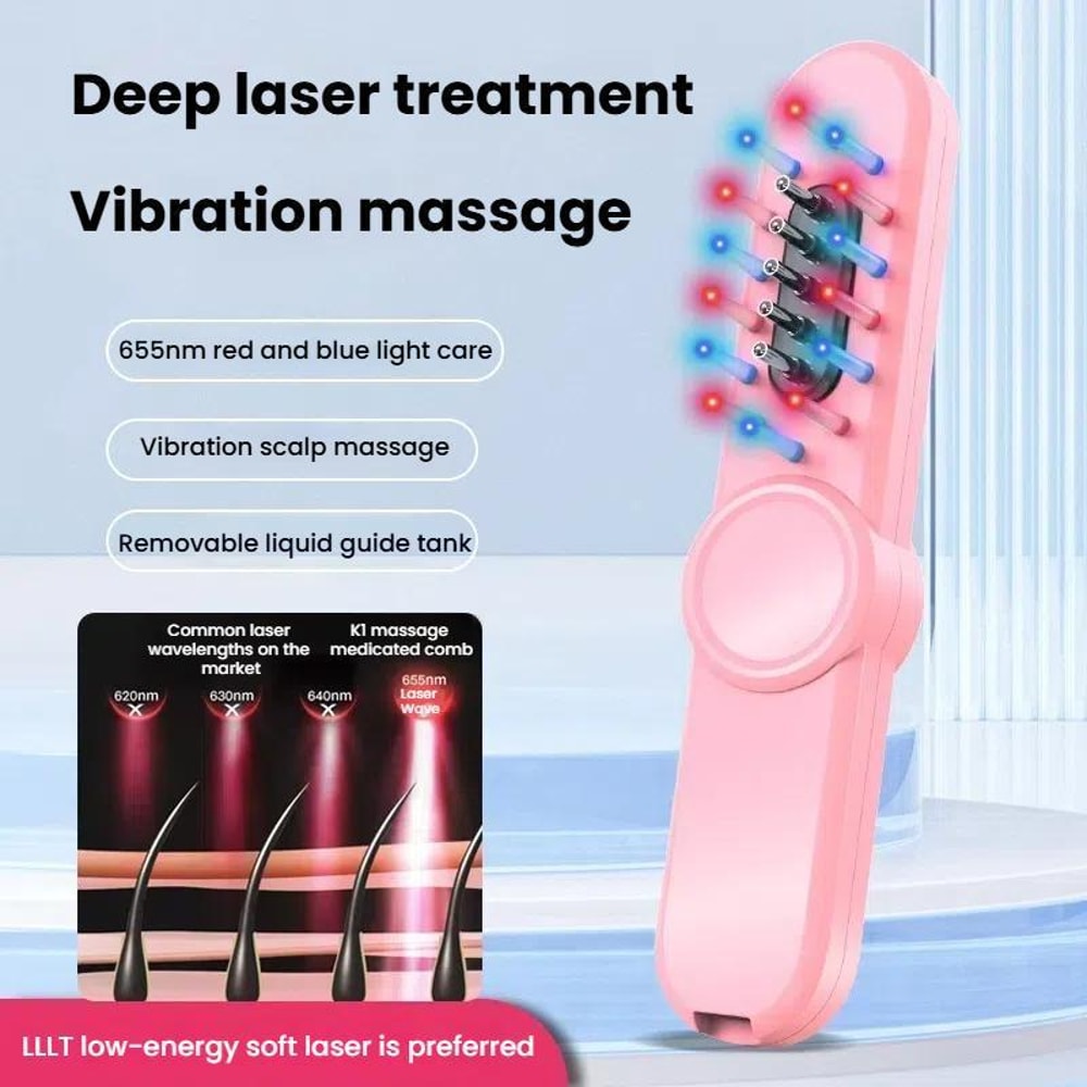Laser Hair Growth Scalp Massager Comb With Red Blue Light Therapy Oil Applicator Roller 3