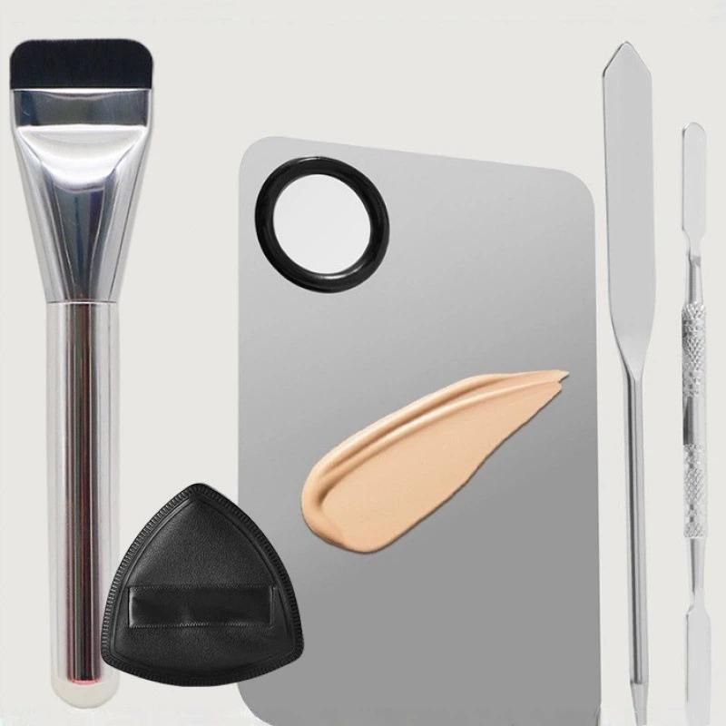 Flawless Blend 5 Piece Makeup Mixing Palette Foundation Spatula Set With Brush And Powder Puff 1