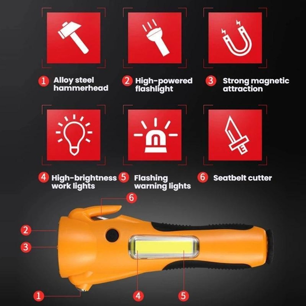 Magnetic COB Emergency Work Light With Safety Hammer Seatbelt Cutter 2