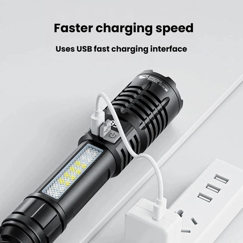 Rechargeable Zoomable LED Flashlight With Side Camping Light Emergency Warning Mode 7