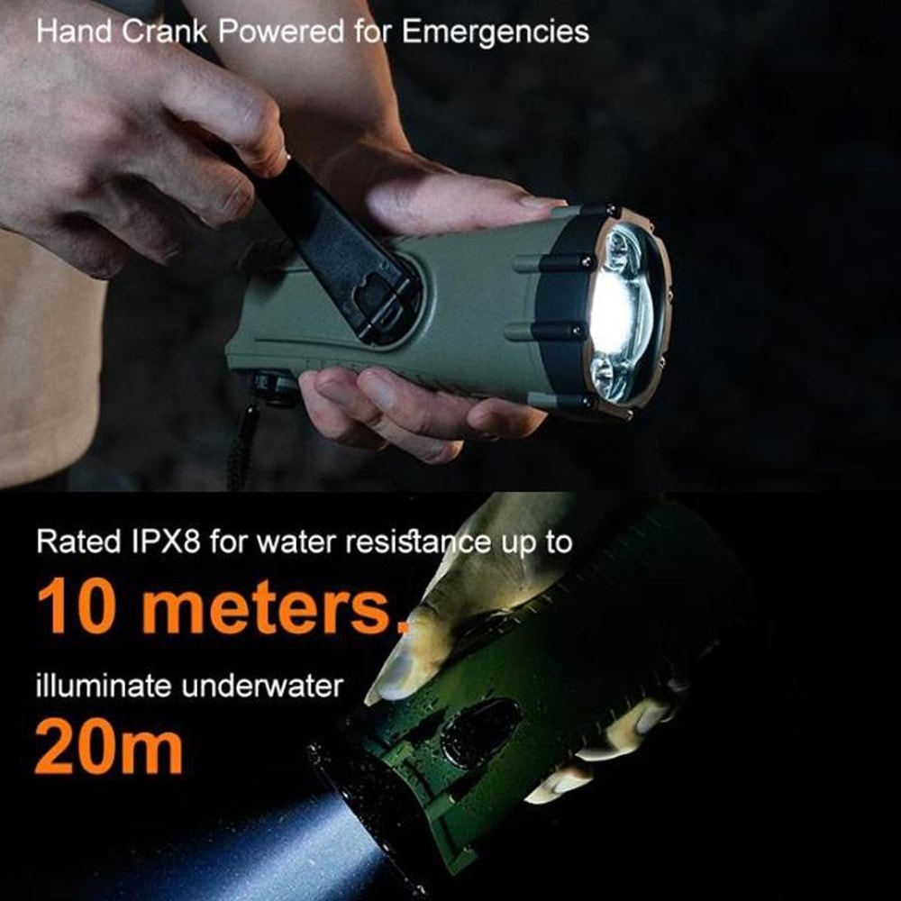 Hand Crank Emergency Flashlight Waterproof Rechargeable LED Torch With Power Bank SOS Alarm 3