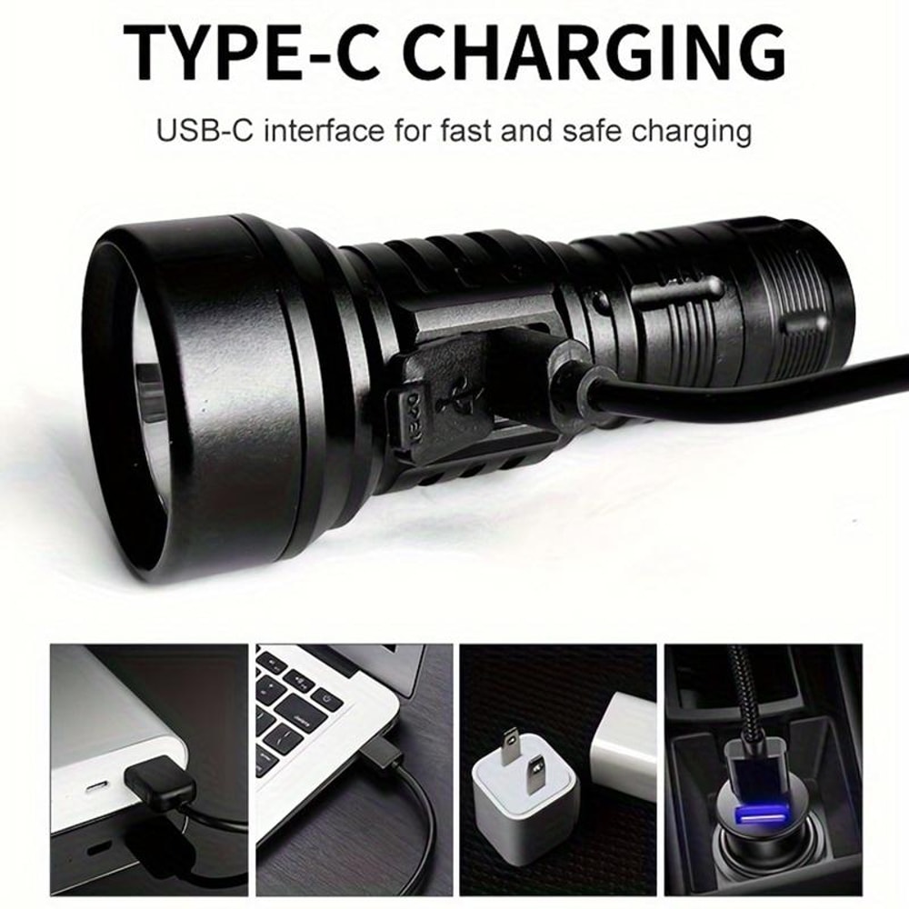1000LM USB Rechargeable LED Flashlight With Red Light Mode Type C Fast Charging 3