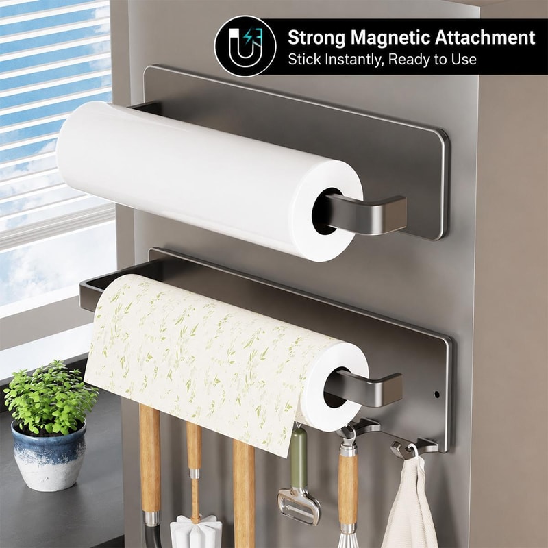 Magnetic Kitchen Roll Holder With 6 Hooks No Drill Storage Rack 1