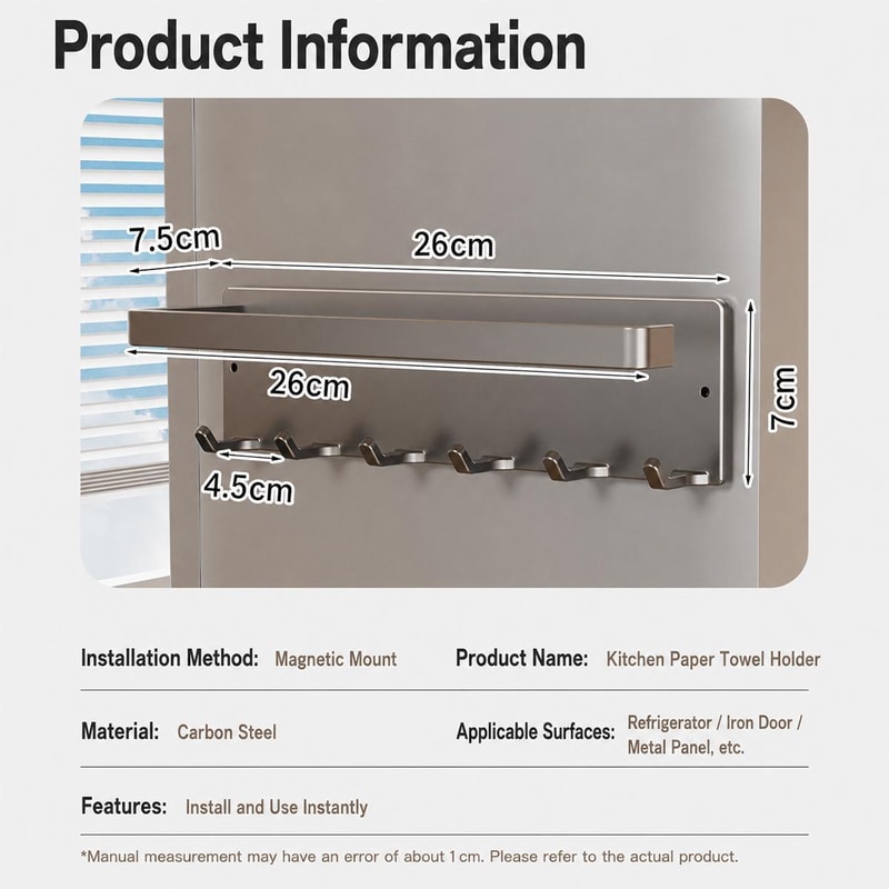 Magnetic Kitchen Roll Holder With 6 Hooks No Drill Storage Rack 5