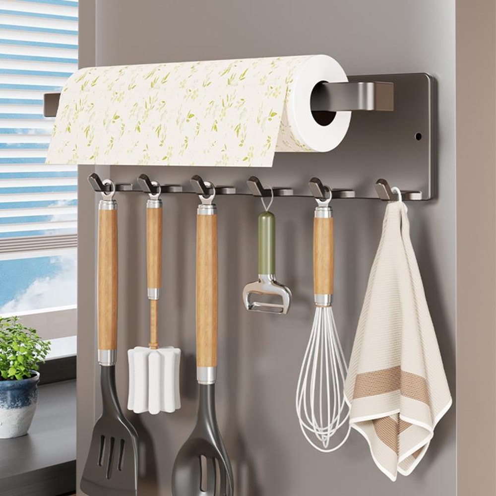 Magnetic Kitchen Roll Holder With 6 Hooks No Drill Storage Rack 7