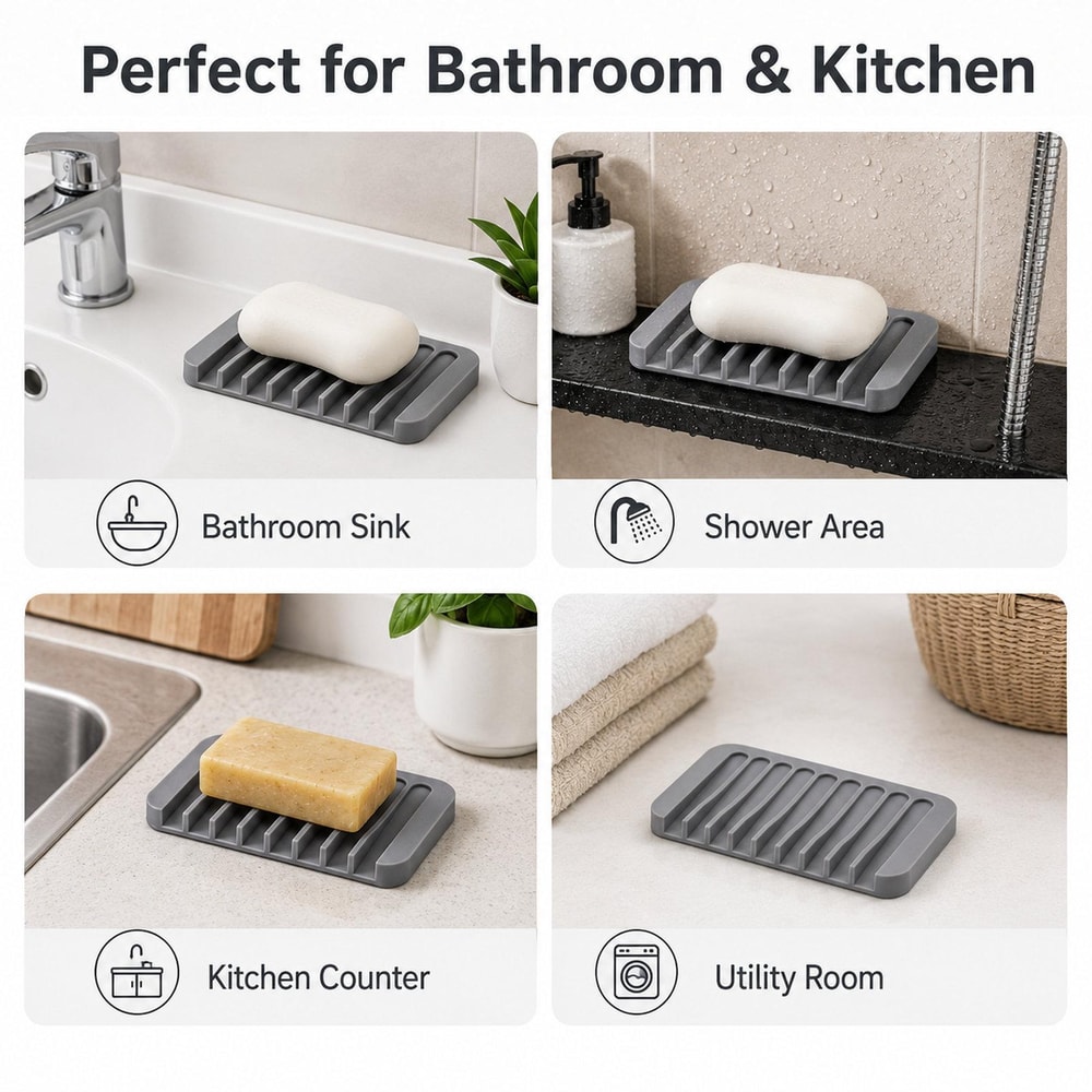 Flexible Self Draining Silicone Soap Dish Holder For Bathroom Kitchen 4