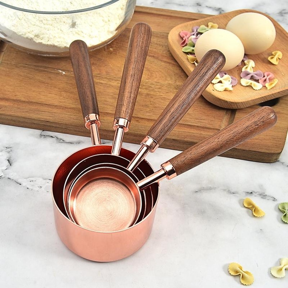 Premium Walnut Handle Kitchen Baking Copper Plated Measuring Cups And Spoon Set 1