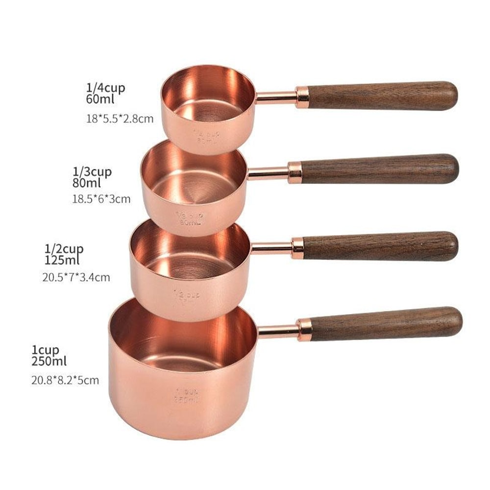 Premium Walnut Handle Kitchen Baking Copper Plated Measuring Cups And Spoon Set 4