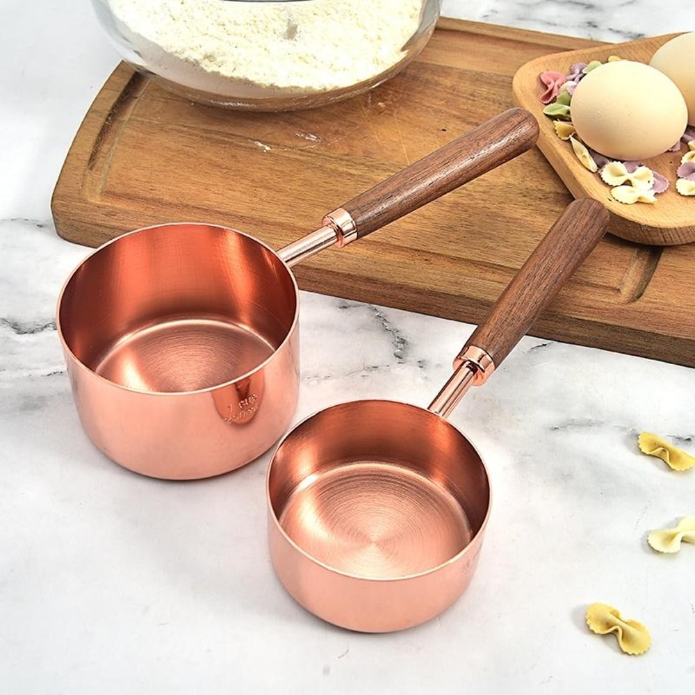 Premium Walnut Handle Kitchen Baking Copper Plated Measuring Cups And Spoon Set 8
