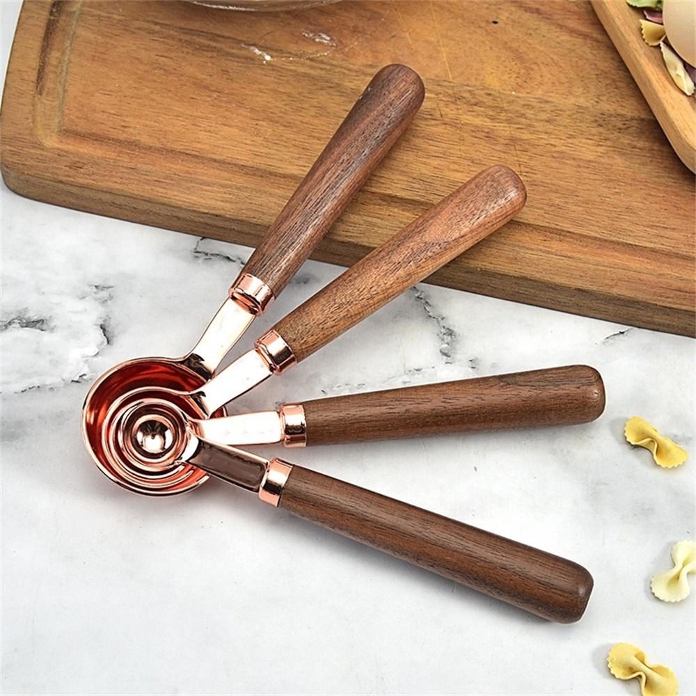 Premium Walnut Handle Kitchen Baking Copper Plated Measuring Cups And Spoon Set 2