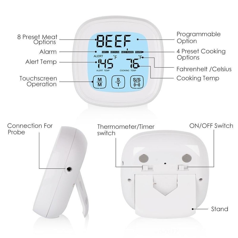 Premium Touch Screen Kitchen Thermometer With Programmable BBQ Temperature Timer 1