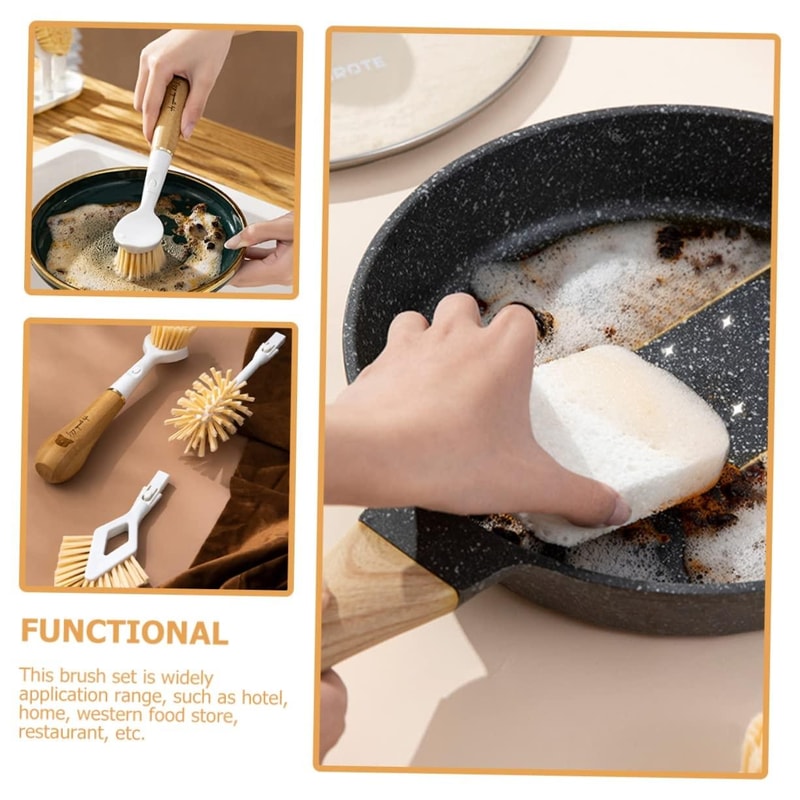 Premium Bamboo 4 In 1 Kitchen Cleaning Brush Set Multifunction Pot Cup Scrubber 3