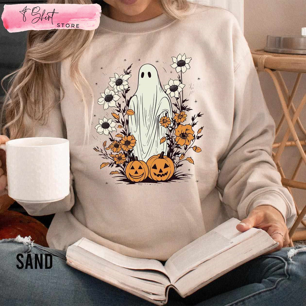 Boho Ghost and Fall Flowers Ladies Halloween Sweatshirt - Happy Place for Music Lovers.jpg