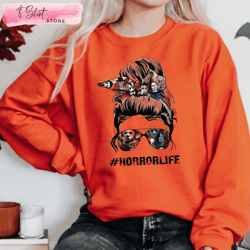 messy bun horror life girl vintage shirt horror characters, custom shirt