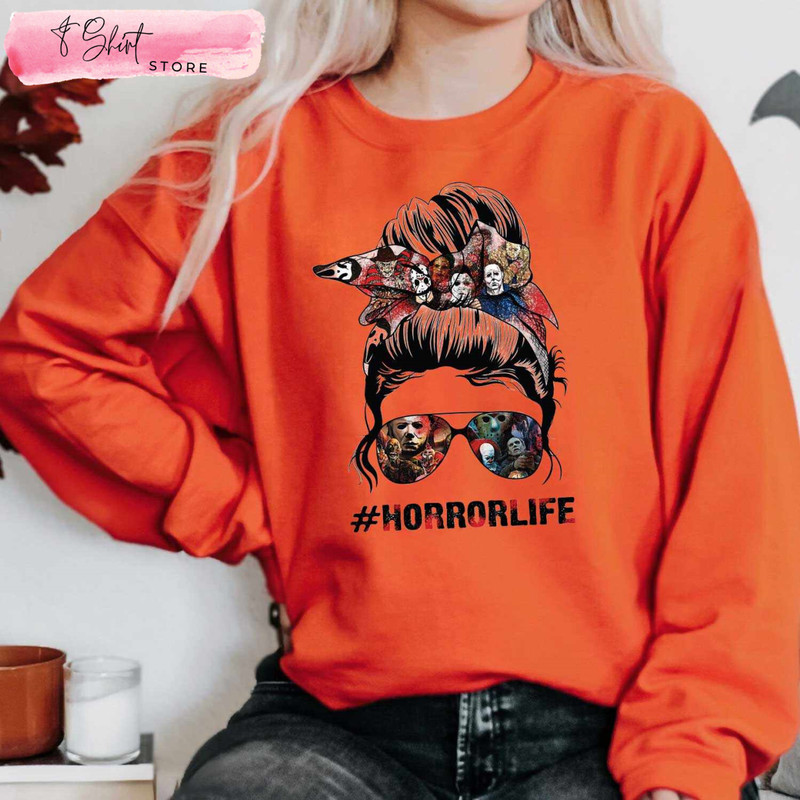Messy Bun Horror Life Girl Vintage Shirt Horror Characters - Happy Place for Music Lovers.jpg