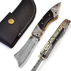 professional handmade damascus steel folding pocket knife with sheath