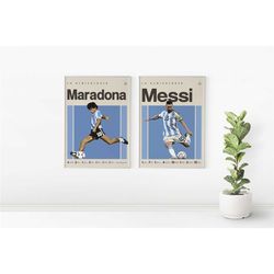 messi and maradona inspired poster, football art print, argentina poster, mid-century modern, uni dorm room,