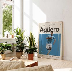 sergio aguero inspired poster, football art print, argentina poster, mid-century modern, uni dorm room,