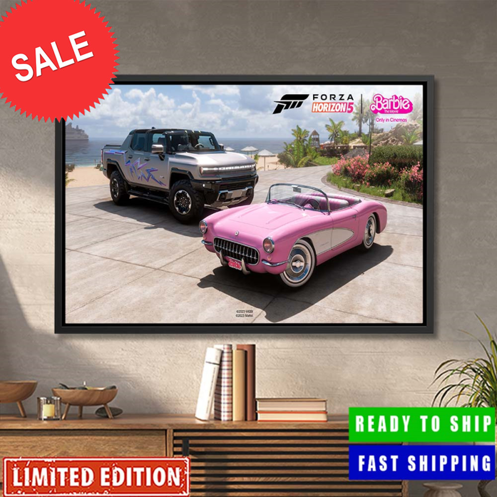 Forza Horizon 5 Very Special Barbie Movie 1956 Chevrolet Corvette EV And Ken 2022 GMC Hummer EV Home Decor Poster Canvas.jpg